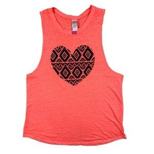 NO BOUNDARIES Coral Orange Sleeveless Tank Top with Black Aztec Heart XL